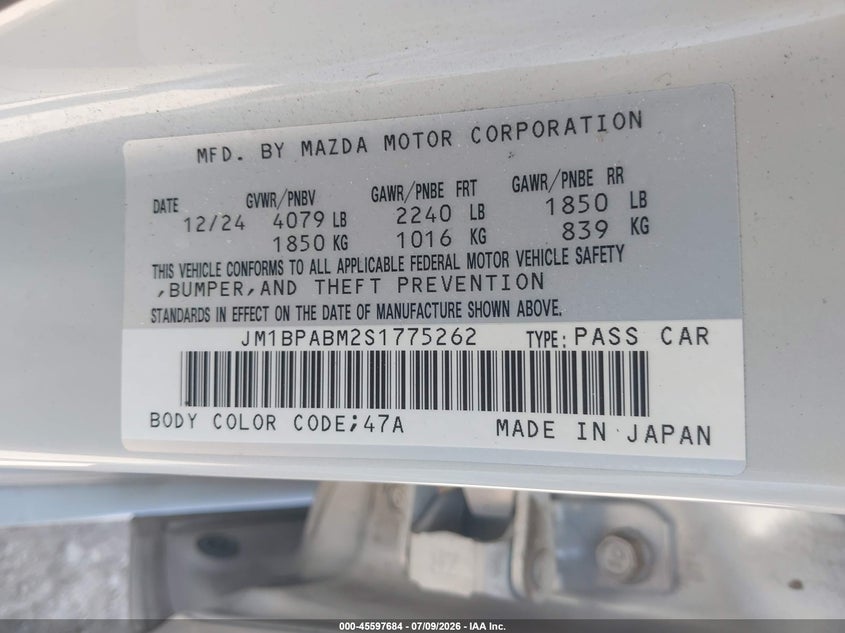 2025 Mazda 3 VIN JM1BPABM2S1775262 IAAI salvage auction — FRONT END, Enterprise Vehicles Clear Only (Texas), sold $8,300 on 2026-07-13 (photo 9)