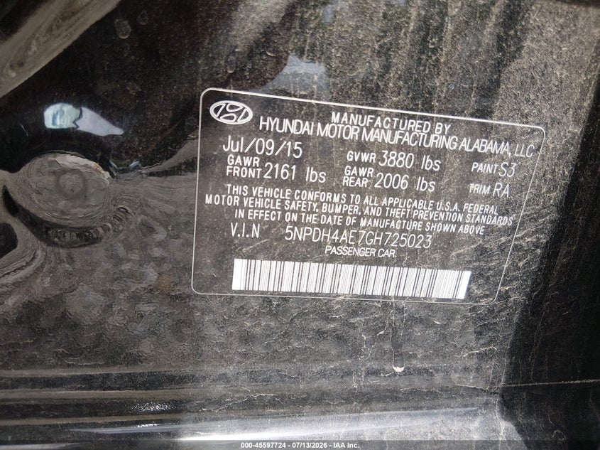 2016 Hyundai Elantra VIN 5NPDH4AE7GH725023 IAAI salvage auction — NORMAL WEAR, Clear (Tennessee), sold $1,675 on 2026-07-24 (photo 9)