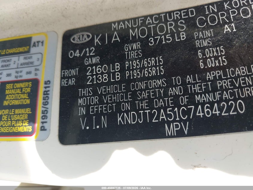 2012 Kia Soul VIN KNDJT2A51C7464220 IAAI salvage auction — NORMAL WEAR, Clear (Indiana), sold $675 on 2026-07-29 (photo 9)