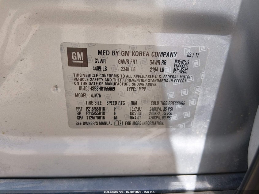 2017 Buick Encore VIN KL4CJHSB8HB155669 IAAI salvage auction — NORMAL WEAR, Original (West Virginia), sold $525 on 2026-07-15 (photo 9)