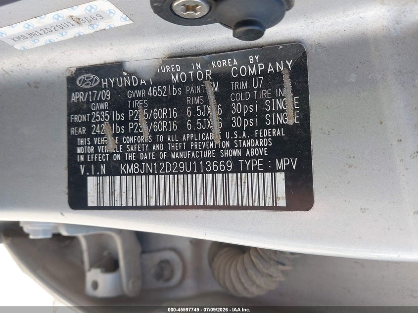 2009 Hyundai Tucson VIN KM8JN12D29U113669 IAAI salvage auction — NORMAL WEAR, Clear (Texas), sold $250 on 2026-07-30 (photo 9)