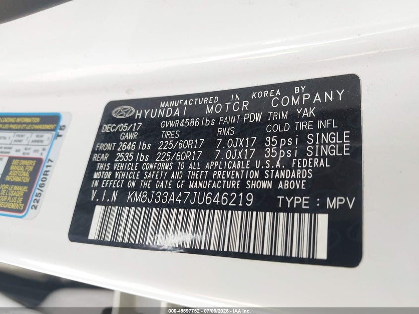 2018 Hyundai Tucson VIN KM8J33A47JU646219 IAAI salvage auction — LEFT & RIGHT, Salvage (California), sold $1,450 on 2026-07-28 (photo 9)