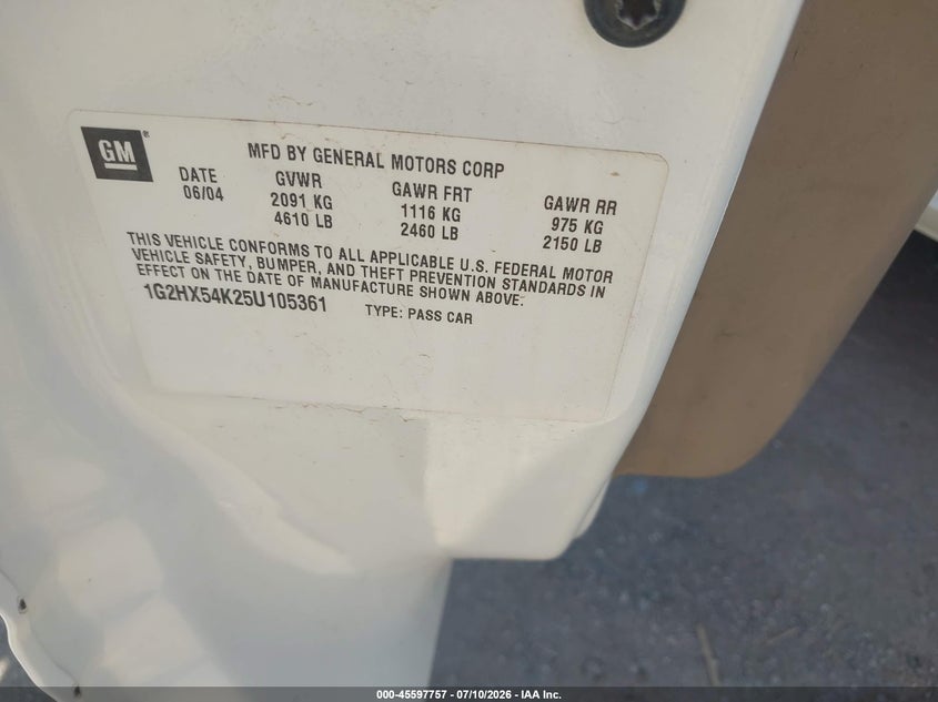 2005 Pontiac Bonneville VIN 1G2HX54K25U105361 IAAI salvage auction — MECHANICAL, Clear-Dealer Only (Arizona), sold $125 on 2026-07-30 (photo 9)