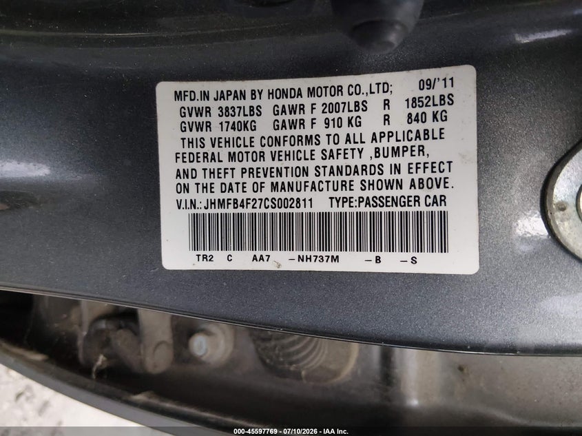 2012 Honda Civic VIN JHMFB4F27CS002811 IAAI salvage auction — NORMAL WEAR, Clear (South Carolina), sold $250 on 2026-07-28 (photo 9)