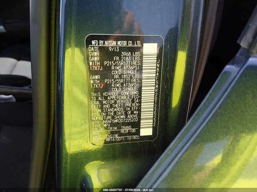 2013 Nissan Juke VIN JN8AF5MR2DT225232 IAAI salvage auction — REAR END, Salvage Title, sold $1,450 on 2026-07-29 (photo 9)