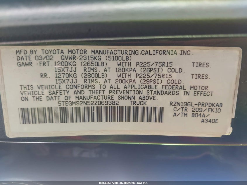 2002 Toyota Tacoma VIN 5TEGM92N52Z069382 IAAI salvage auction — NORMAL WEAR, Clear - Dealer Only (California), sold $2,450 on 2026-07-28 (photo 9)