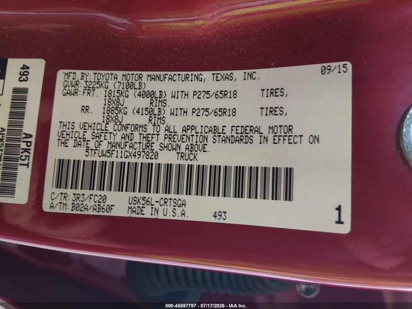2016 Toyota Tundra VIN 5TFUW5F11GX497820 IAAI salvage auction — RIGHT FRONT, Clear (Wisconsin), sold $6,100 on 2026-07-29 (photo 9)