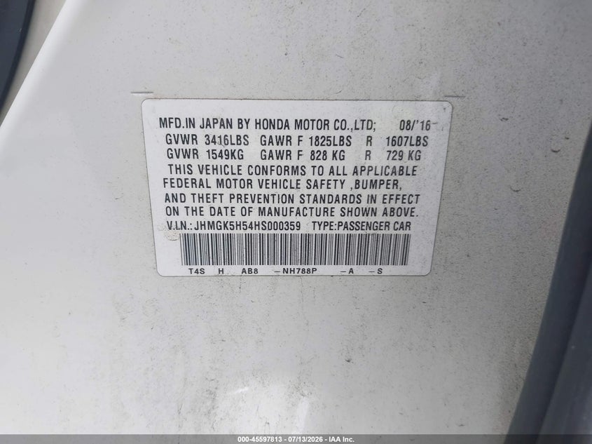 2017 Honda Fit VIN JHMGK5H54HS000359 IAAI salvage auction — FRONT END, Salvage Title, sold $2,850 on 2026-07-29 (photo 9)