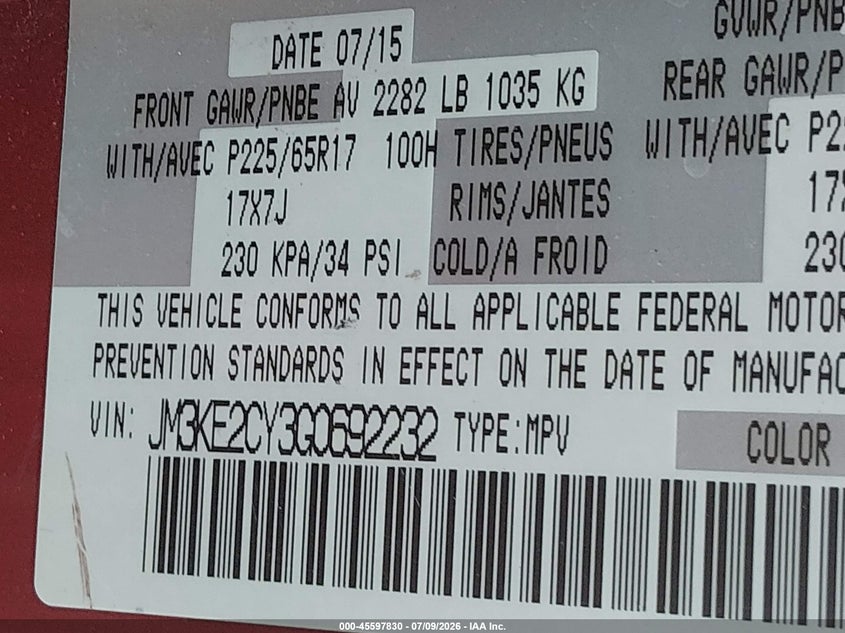 2016 Mazda Cx-5 VIN JM3KE2CY3G0692232 IAAI salvage auction — NORMAL WEAR, Original (Texas), sold $2,000 on 2026-07-28 (photo 9)