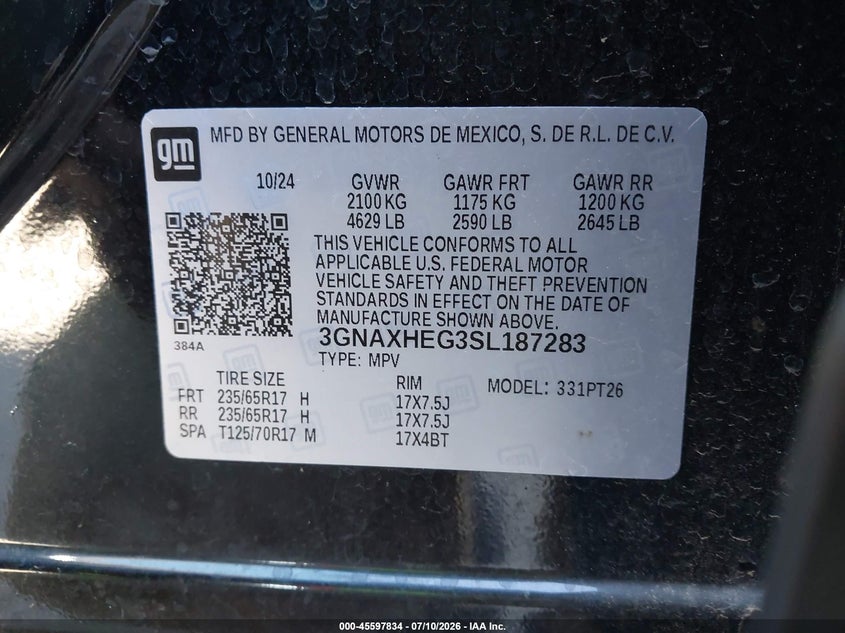 2025 Chevrolet Equinox VIN 3GNAXHEG3SL187283 IAAI salvage auction — FRONT END, Enterprise Vehicles Clear Only (Alabama), sold $13,700 on 2026-07-29 (photo 9)
