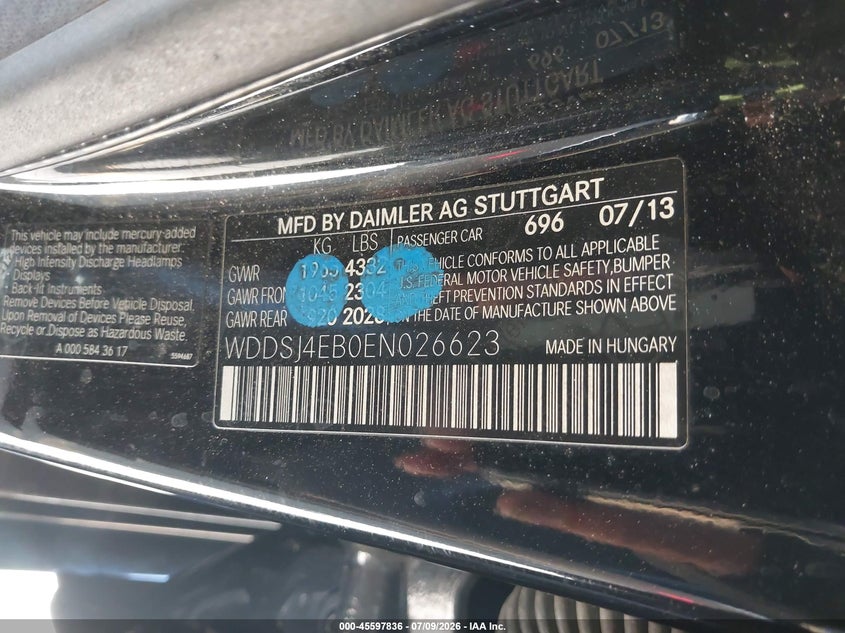 2014 Mercedes-benz VIN WDDSJ4EB0EN026623 IAAI salvage auction — LEFT REAR, Wait Title, sold $2,475 on 2026-08-12 (photo 9)