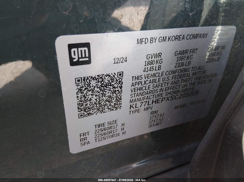 2025 Chevrolet Trax VIN KL77LHEPXSC205009 IAAI salvage auction — FRONT END, Enterprise Vehicles Clear Only (California), sold $4,500 on 2026-07-29 (photo 9)