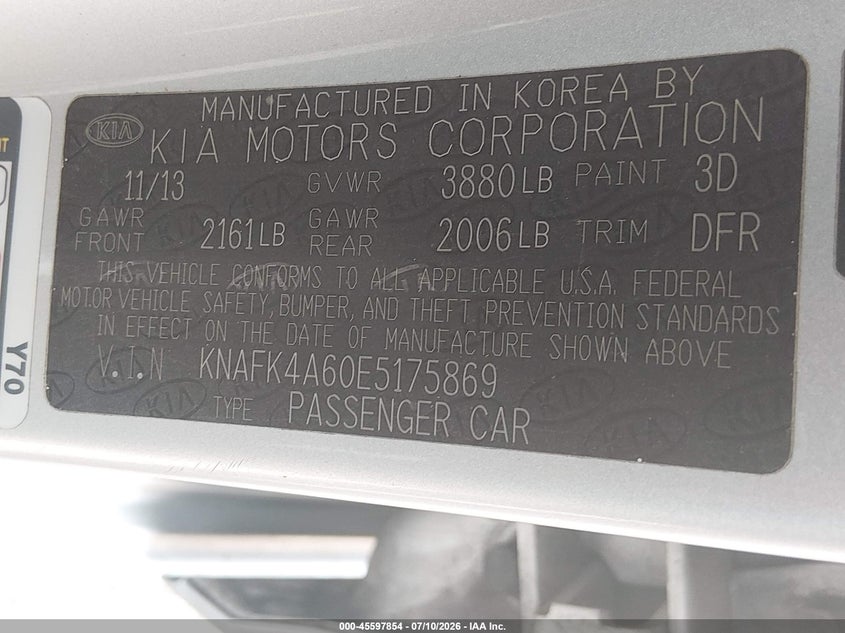 2014 Kia Forte VIN KNAFK4A60E5175869 IAAI salvage auction — NORMAL WEAR, Original (Texas), sold $1,050 on 2026-07-17 (photo 9)
