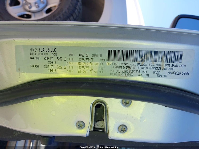 2016 Ram 2500 VIN 3C6TR5HT5GG372929 IAAI salvage auction — NORMAL WEAR, Sf97 (Washington), sold $10,100 on 2026-07-29 (photo 9)