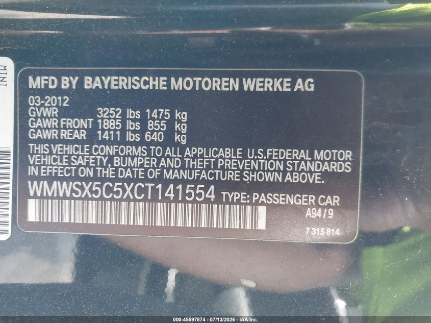 2012 Mini Cooper VIN WMWSX5C5XCT141554 IAAI salvage auction — LEFT & RIGHT, Salvage Title, sold $1,125 on 2026-08-19 (photo 9)