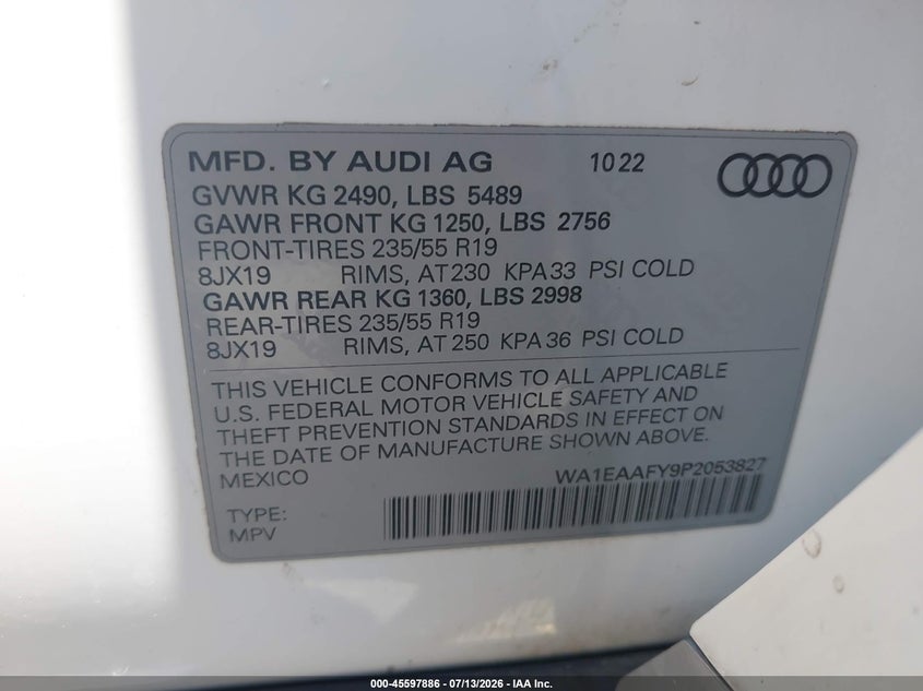 2023 Audi Q5 VIN WA1EAAFY9P2053827 IAAI salvage auction — LEFT FRONT, Salvage Title, sold $12,300 on 2026-07-31 (photo 9)