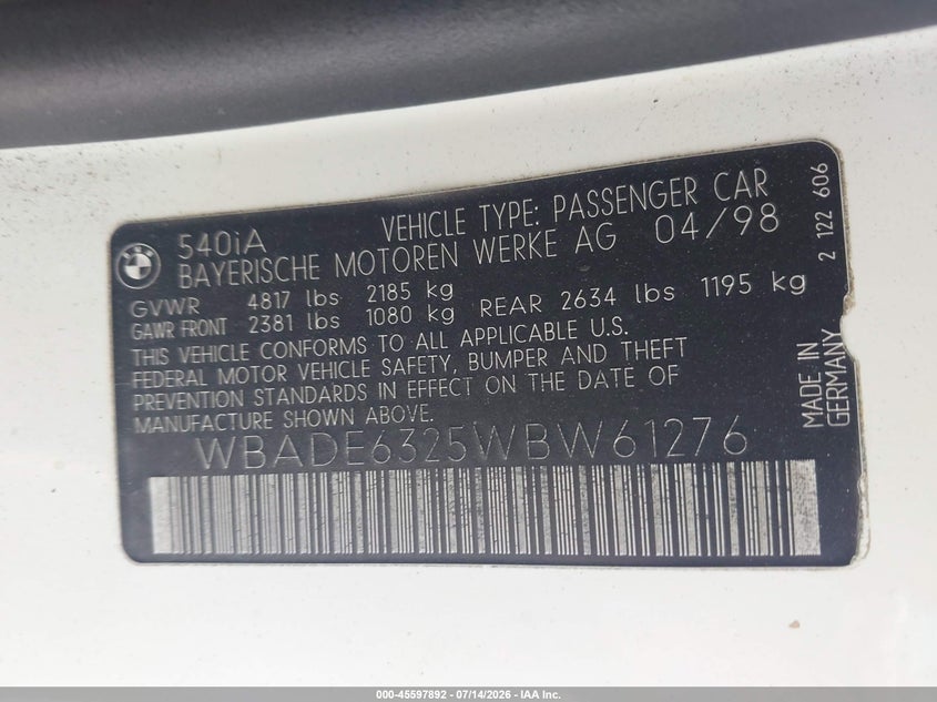 1998 BMW 5 series VIN WBADE6325WBW61276 IAAI salvage auction — FRONT END, Clear - Dealer Only (California), sold $25 on 2026-07-22 (photo 9)