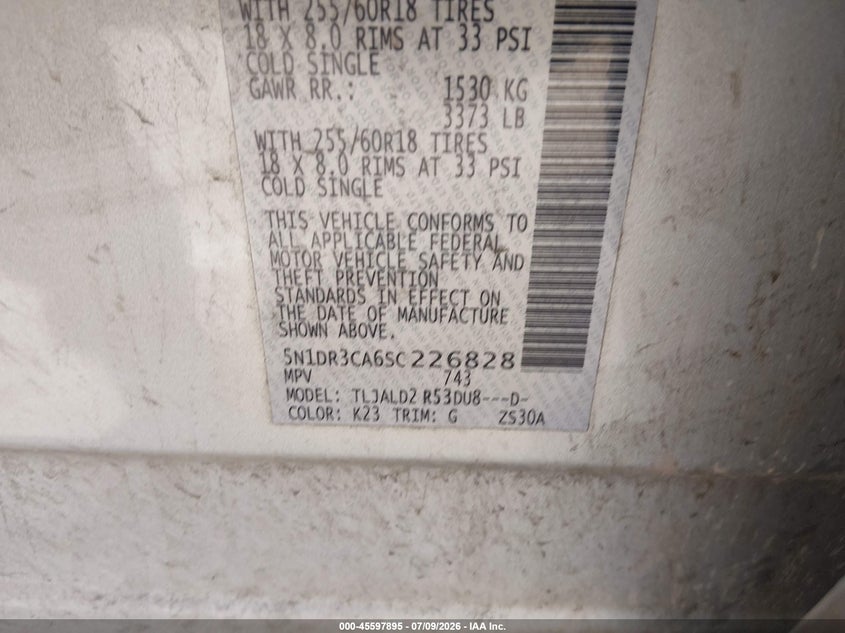 2025 Nissan Pathfinder VIN 5N1DR3CA6SC226828 IAAI salvage auction — RIGHT FRONT, Salvage Title, sold $15,400 on 2026-07-29 (photo 9)