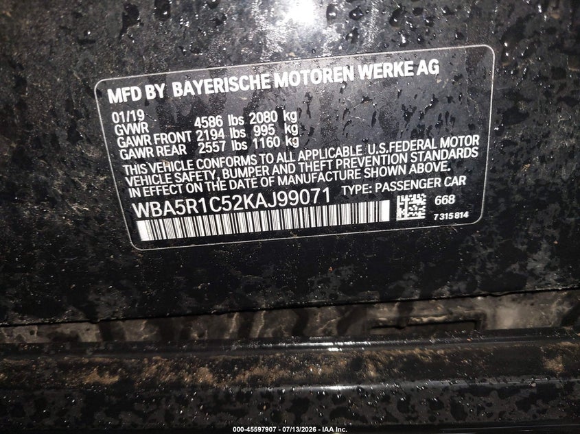 2019 BMW 3er VIN WBA5R1C52KAJ99071 IAAI salvage auction — LEFT SIDE, Salvage (Arizona), sold $7,500 on 2026-08-03 (photo 9)