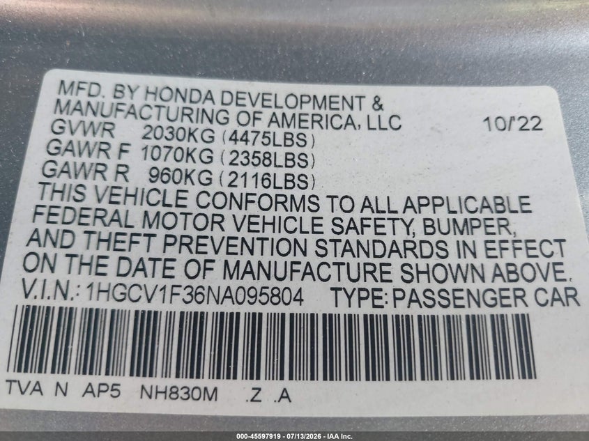 2022 Honda Accord VIN 1HGCV1F36NA095804 IAAI salvage auction — REAR END, Wait Title, sold $5,700 on 2026-10-05 (photo 9)