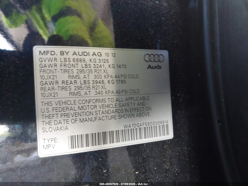 2013 Audi Q7 VIN WA1DGAFE6DD006514 IAAI salvage auction — MECHANICAL, Wait Title, sold $475 on 2026-10-15 (photo 9)