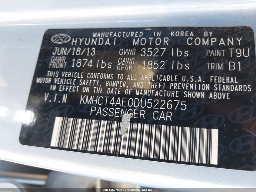 2013 Hyundai Accent VIN KMHCT4AE0DU522675 IAAI salvage auction — NORMAL WEAR, Rebuilt/Restored (Utah), sold $500 on 2026-07-22 (photo 9)