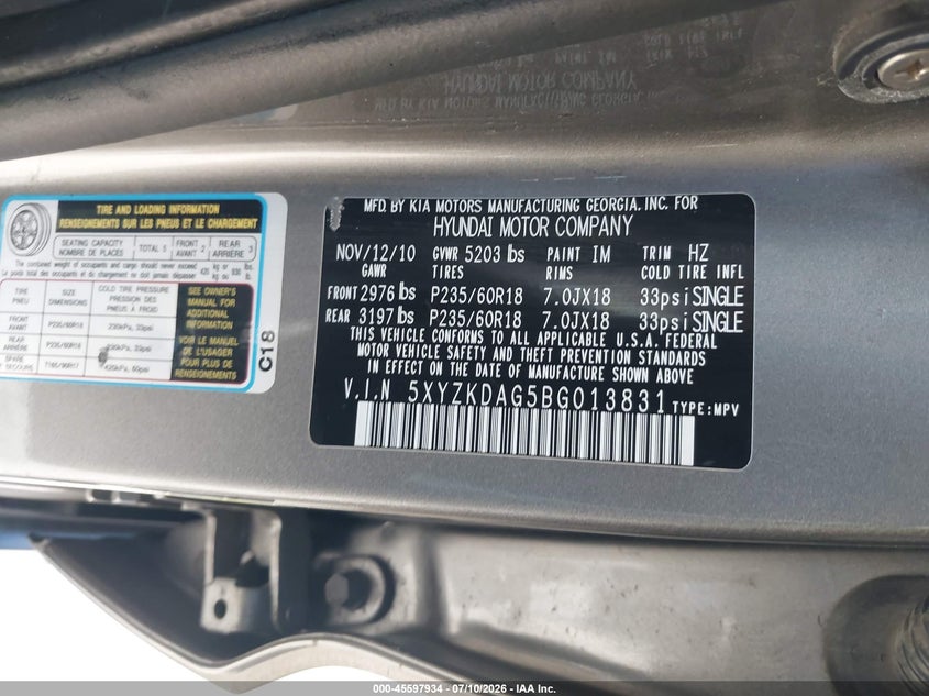 2011 Hyundai Santa fe VIN 5XYZKDAG5BG013831 IAAI salvage auction — NORMAL WEAR, Clear (Oregon), sold $500 on 2026-07-28 (photo 9)