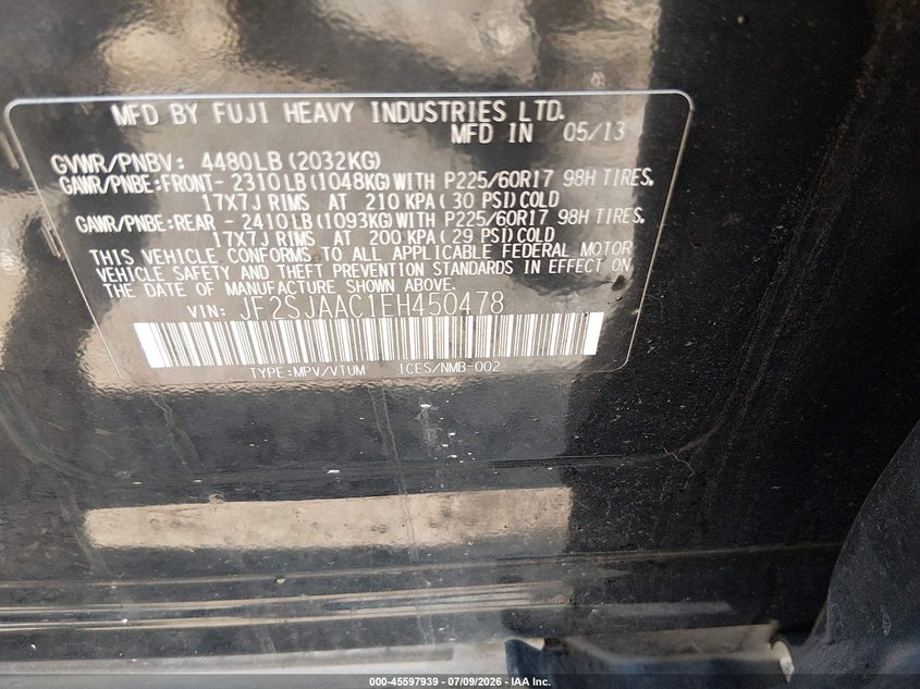 2014 Subaru Forester VIN JF2SJAAC1EH450478 IAAI salvage auction — NORMAL WEAR, Clear (Tennessee), sold $25 on 2026-07-30 (photo 9)