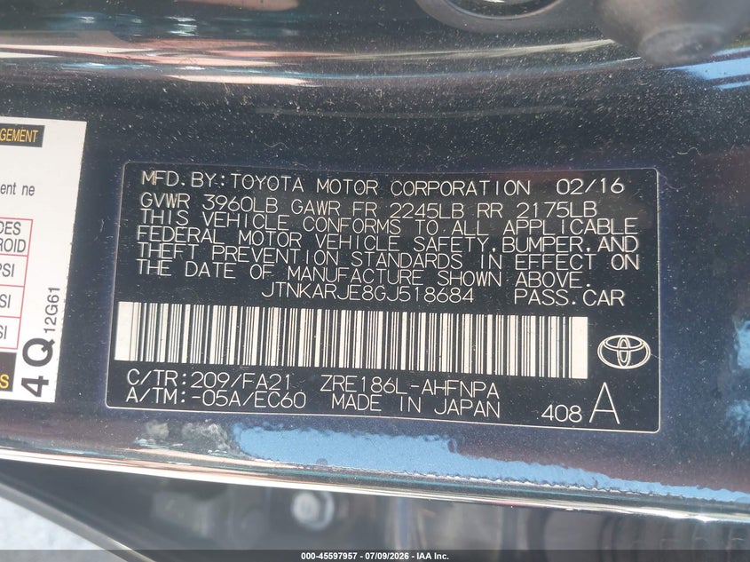 2016 Scion Im VIN JTNKARJE8GJ518684 IAAI salvage auction — FRONT END, Salvage Title, sold $2,400 on 2026-07-22 (photo 9)