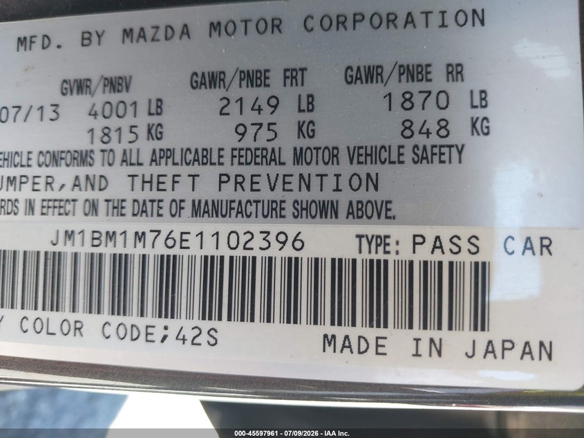 2014 Mazda 3 VIN JM1BM1M76E1102396 IAAI salvage auction — NORMAL WEAR, Clear (California), sold $1,525 on 2026-07-17 (photo 9)