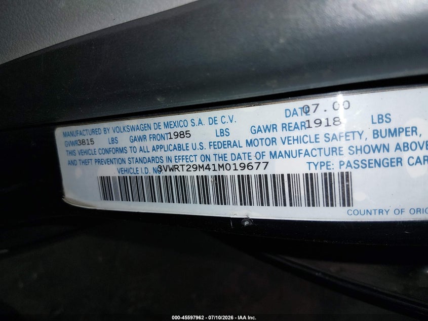 2001 Volkswagen Jetta VIN 3VWRT29M41M019677 IAAI salvage auction — RIGHT SIDE, Salvage (Idaho), sold $100 on 2026-08-29 (photo 9)