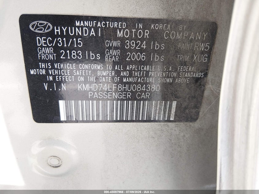 2017 Hyundai Elantra VIN KMHD74LF8HU084380 IAAI salvage auction — NORMAL WEAR, Clear (California), sold $2,150 on 2026-07-15 (photo 9)