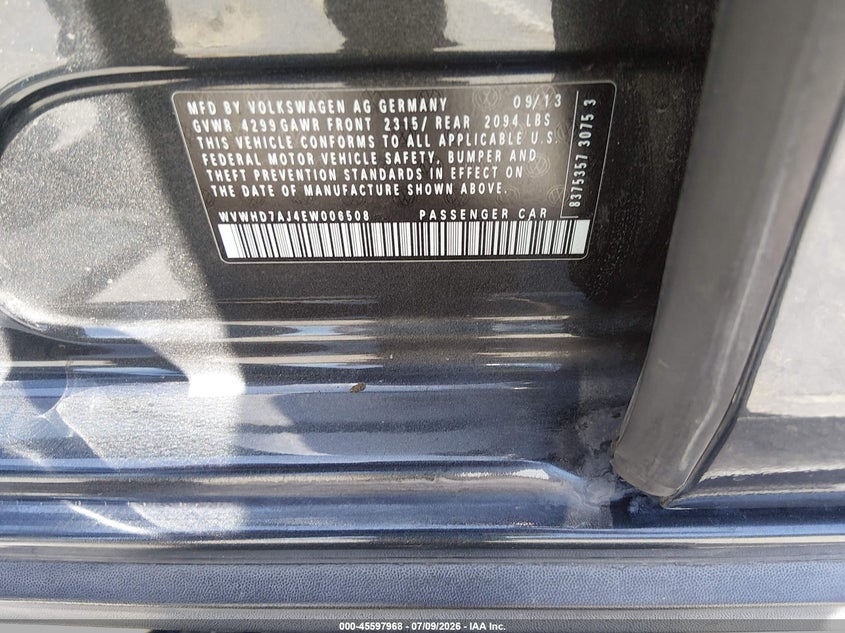 2014 Volkswagen Gti VIN WVWHD7AJ4EW006508 IAAI salvage auction — FRONT & REAR, Clear (Nevada), sold $450 on 2026-07-29 (photo 9)