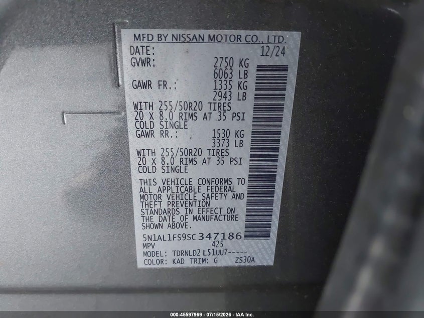 2025 Infiniti Qx60 VIN 5N1AL1FS9SC347186 IAAI salvage auction — FRONT END, Wait Title, sold $15,775 on 2026-08-19 (photo 9)
