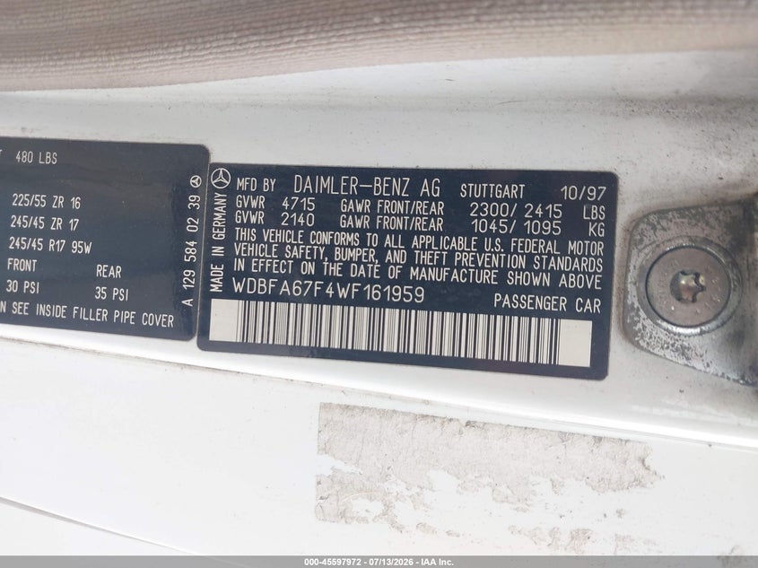 1998 Mercedes-benz Sl-class VIN WDBFA67F4WF161959 IAAI salvage auction — NORMAL WEAR, Clear - Dealer Only (California), sold $525 on 2026-07-28 (photo 9)