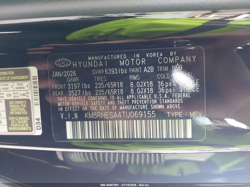 2026 Hyundai Palisade VIN KM8RHESA4TU069155 IAAI salvage auction — REAR END, Salvage Title, sold $17,600 on 2026-08-19 (photo 9)