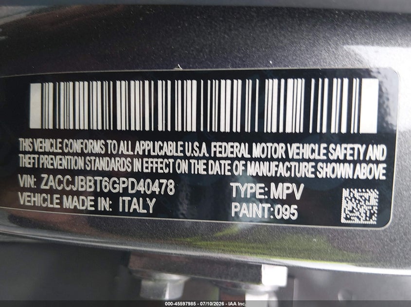 2016 Jeep Renegade VIN ZACCJBBT6GPD40478 IAAI salvage auction — NORMAL WEAR, Clear (Delaware), sold $700 on 2026-07-27 (photo 9)