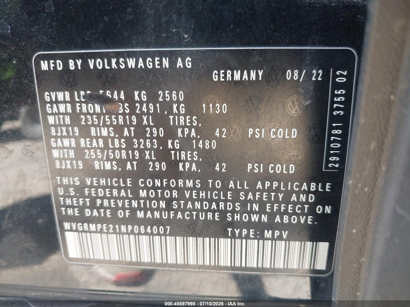 2022 Volkswagen Id.4 VIN WVGRMPE21NP064007 IAAI salvage auction — FRONT END, Bill Of Sale (Washington), sold $9,200 on 2026-07-23 (photo 9)
