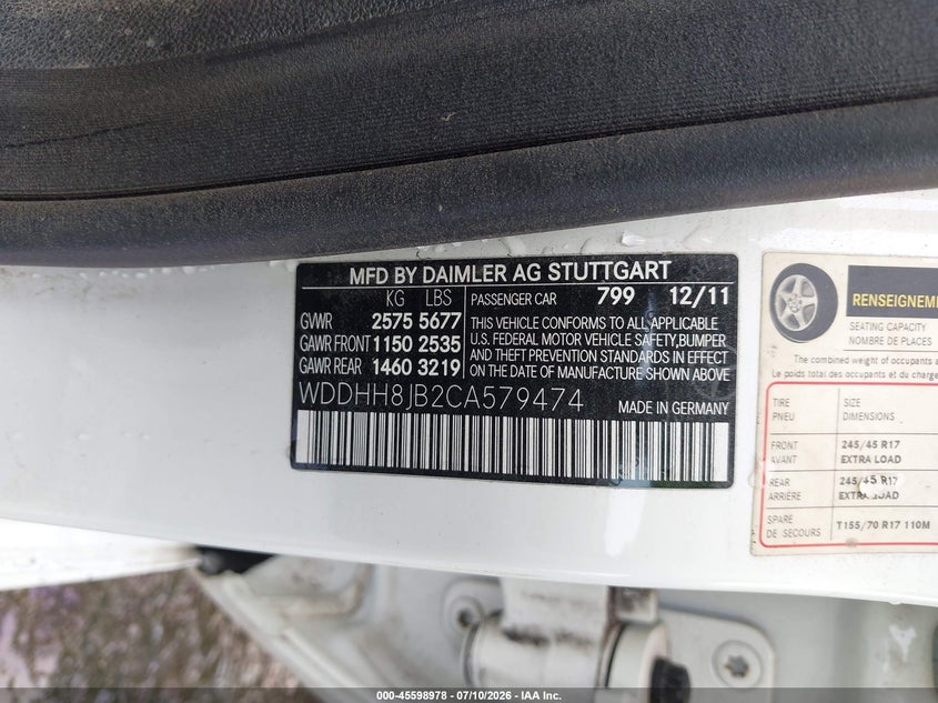 2012 Mercedes-benz E-klasse VIN WDDHH8JB2CA579474 IAAI salvage auction — WATER/FLOOD, Salvage Title, sold $700 on 2026-08-03 (photo 9)