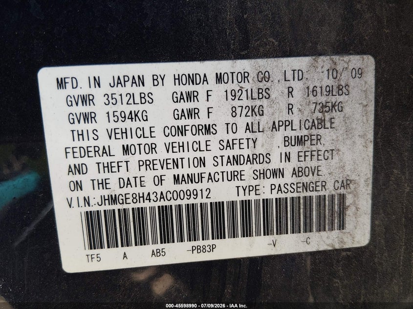 2010 Honda Fit VIN JHMGE8H43AC009912 IAAI salvage auction — NORMAL WEAR, Clear-Dealer Only (Arizona), sold $700 on 2026-07-28 (photo 9)