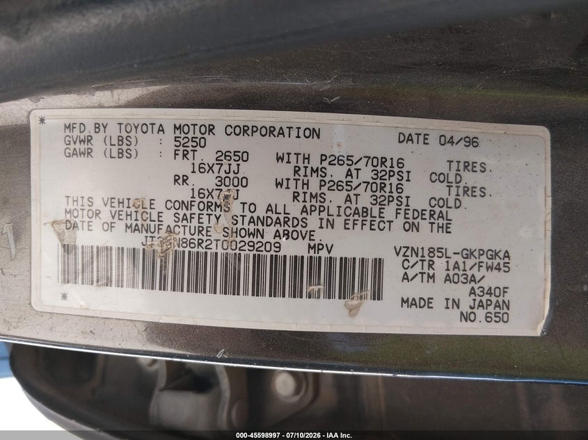 1996 Toyota 4runner VIN JT3HN86R2T0029209 IAAI salvage auction — NORMAL WEAR, Clear (Colorado), sold $1,700 on 2026-07-15 (photo 9)