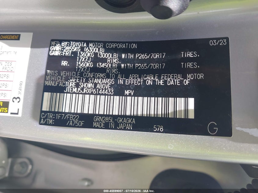 2023 Toyota 4runner VIN JTEMU5JRXP6144433 IAAI salvage auction — FRONT END, Rebuildable (Florida), sold $12,250 on 2026-08-01 (photo 9)