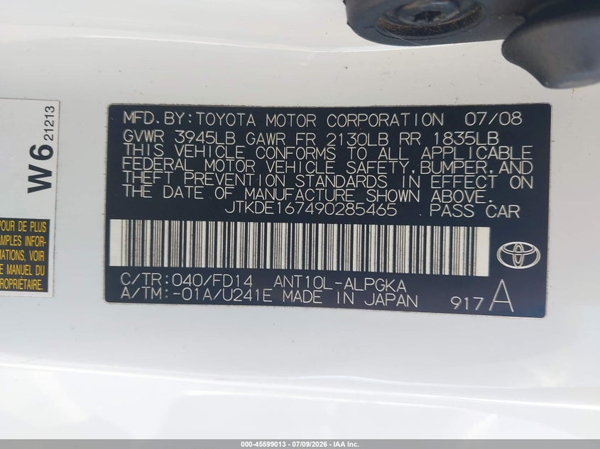 2009 Scion Tc VIN JTKDE167490285465 IAAI salvage auction — UNKNOWN, Salvage (North Carolina), sold $900 on 2026-07-30 (photo 9)