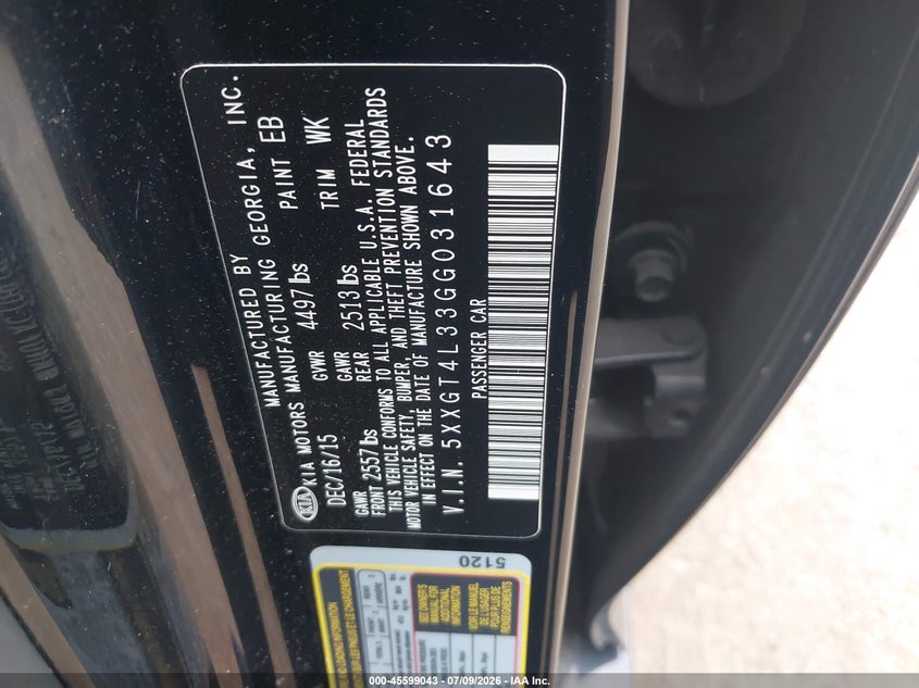 2016 Kia Optima VIN 5XXGT4L33GG031643 IAAI salvage auction — NORMAL WEAR, Clear (Pennsylvania), sold $1,925 on 2026-07-31 (photo 9)