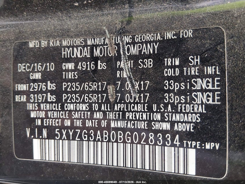 2011 Hyundai Santa fe VIN 5XYZG3AB0BG028334 IAAI salvage auction — NORMAL WEAR, Clear (Georgia), sold $675 on 2026-07-22 (photo 9)