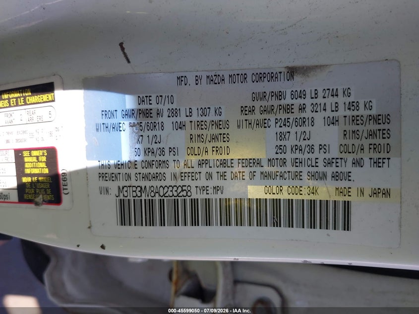 2010 Mazda Cx-9 VIN JM3TB3MV8A0233258 IAAI salvage auction — FRONT END, Clear (Connecticut), sold $400 on 2026-07-30 (photo 9)