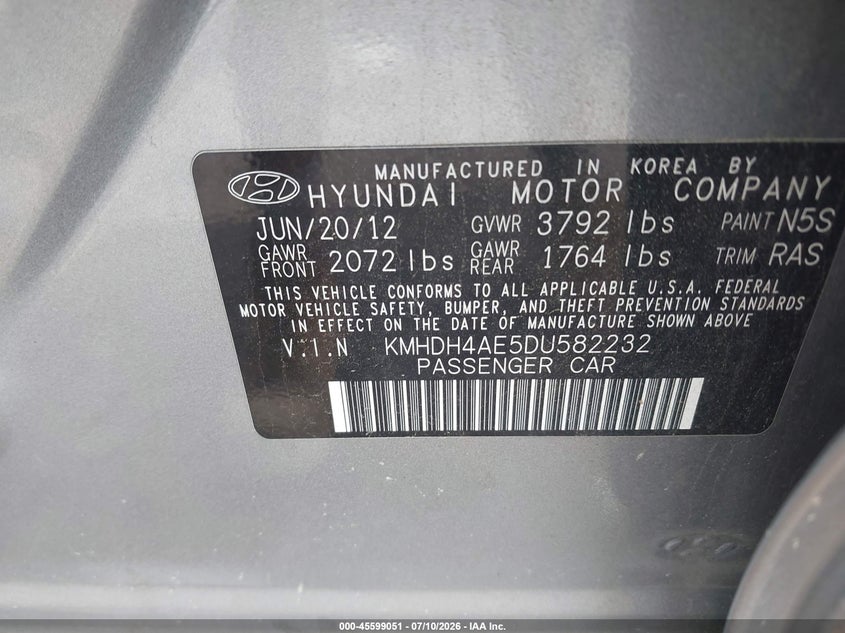 2013 Hyundai Elantra VIN KMHDH4AE5DU582232 IAAI salvage auction — NORMAL WEAR, Salvage Title, sold $200 on 2026-07-28 (photo 9)