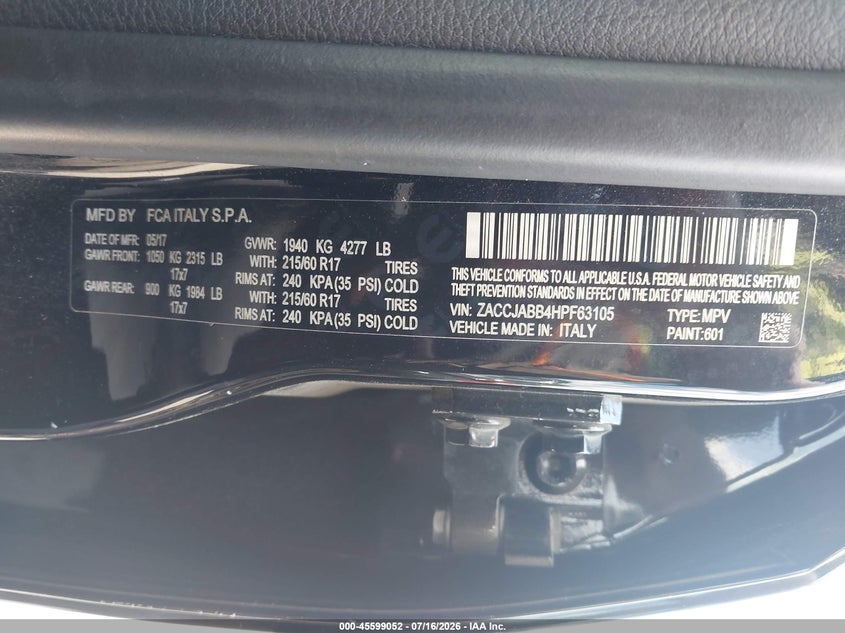 2017 Jeep Renegade VIN ZACCJABB4HPF63105 IAAI salvage auction — FRONT END, Salvage (North Carolina), sold $1,000 on 2026-08-17 (photo 9)