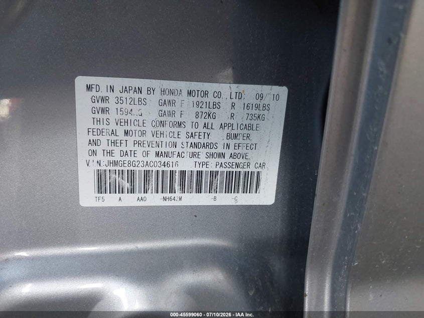 2010 Honda Fit VIN JHMGE8G23AC034616 IAAI salvage auction — FRONT END, Mv-907A (New York), sold $550 on 2026-07-30 (photo 9)