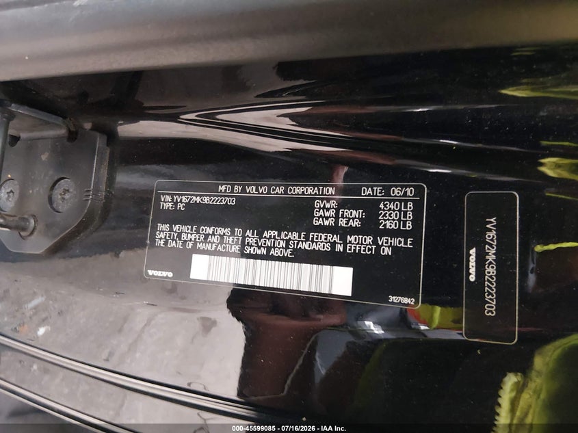 2011 Volvo C30 VIN YV1672MK9B2223703 IAAI salvage auction — REAR END, Mv-907A (New York), sold $525 on 2026-07-28 (photo 9)